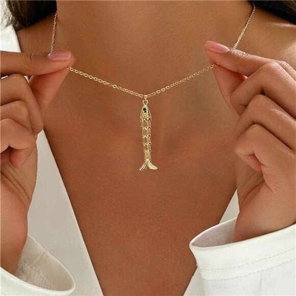 Gold Fish Necklace for Women Boho Fish Pendant Necklaces Long Sardine Necklace - Picture 1 of 4